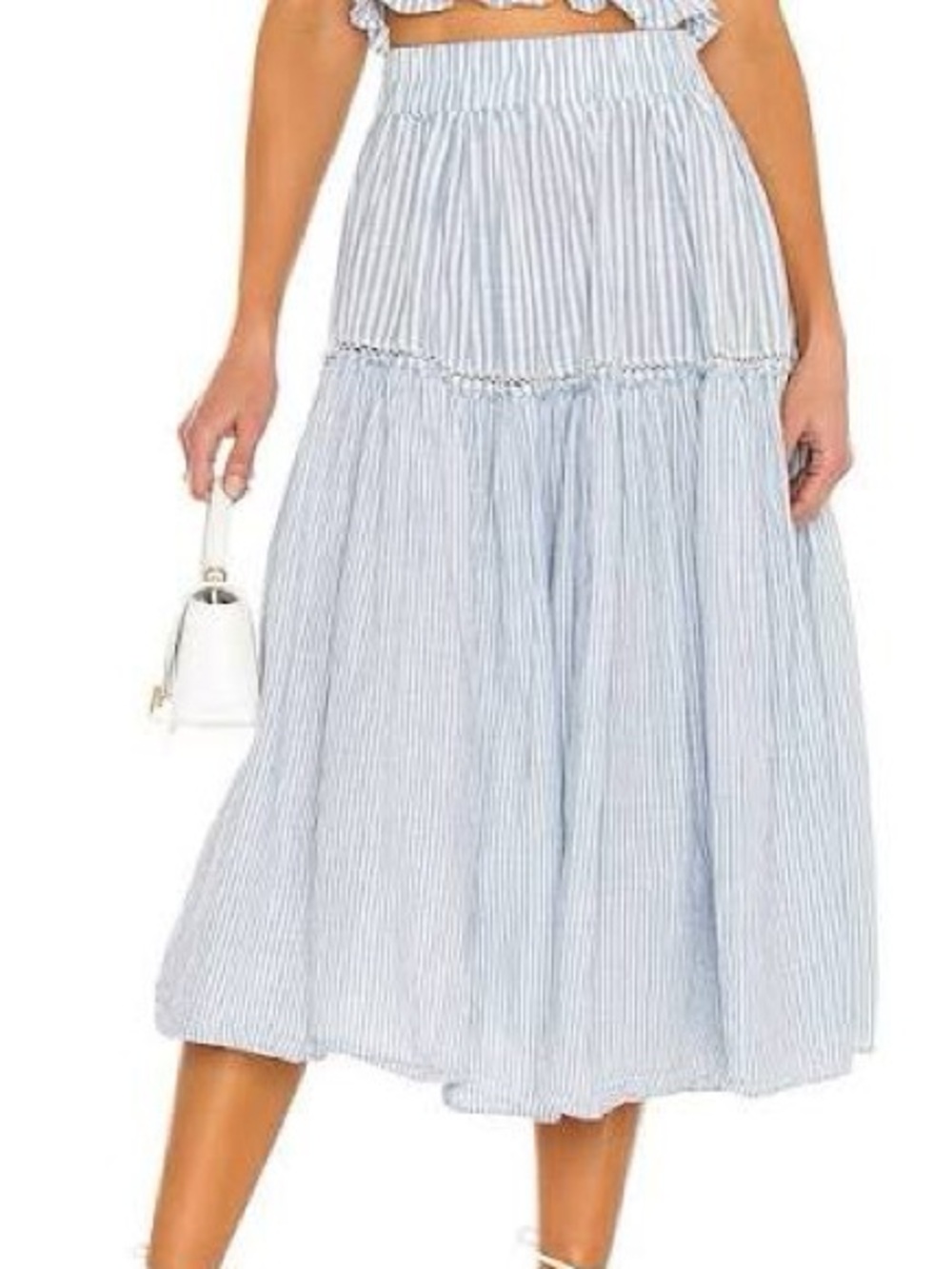 LoveShackFancy Light Blue and White Striped Midi Skirt